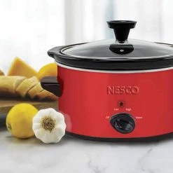 Nesco 1.5 Qt Metallic Red Slow Cooker -Home Sales Store 1 5 quart red slow cooker lifestyle